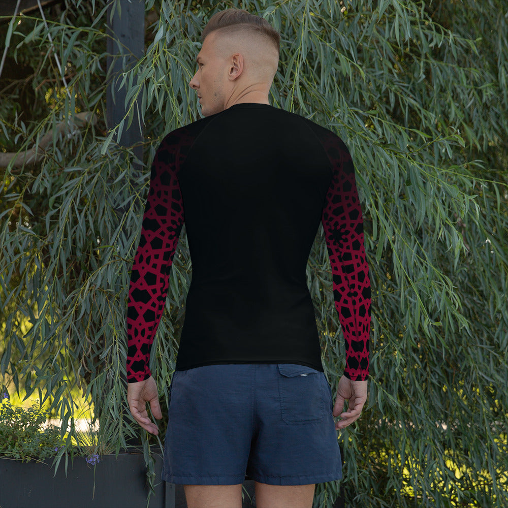 Men's Rash Guard - Geometric Ombre in Black and Red Sleeve