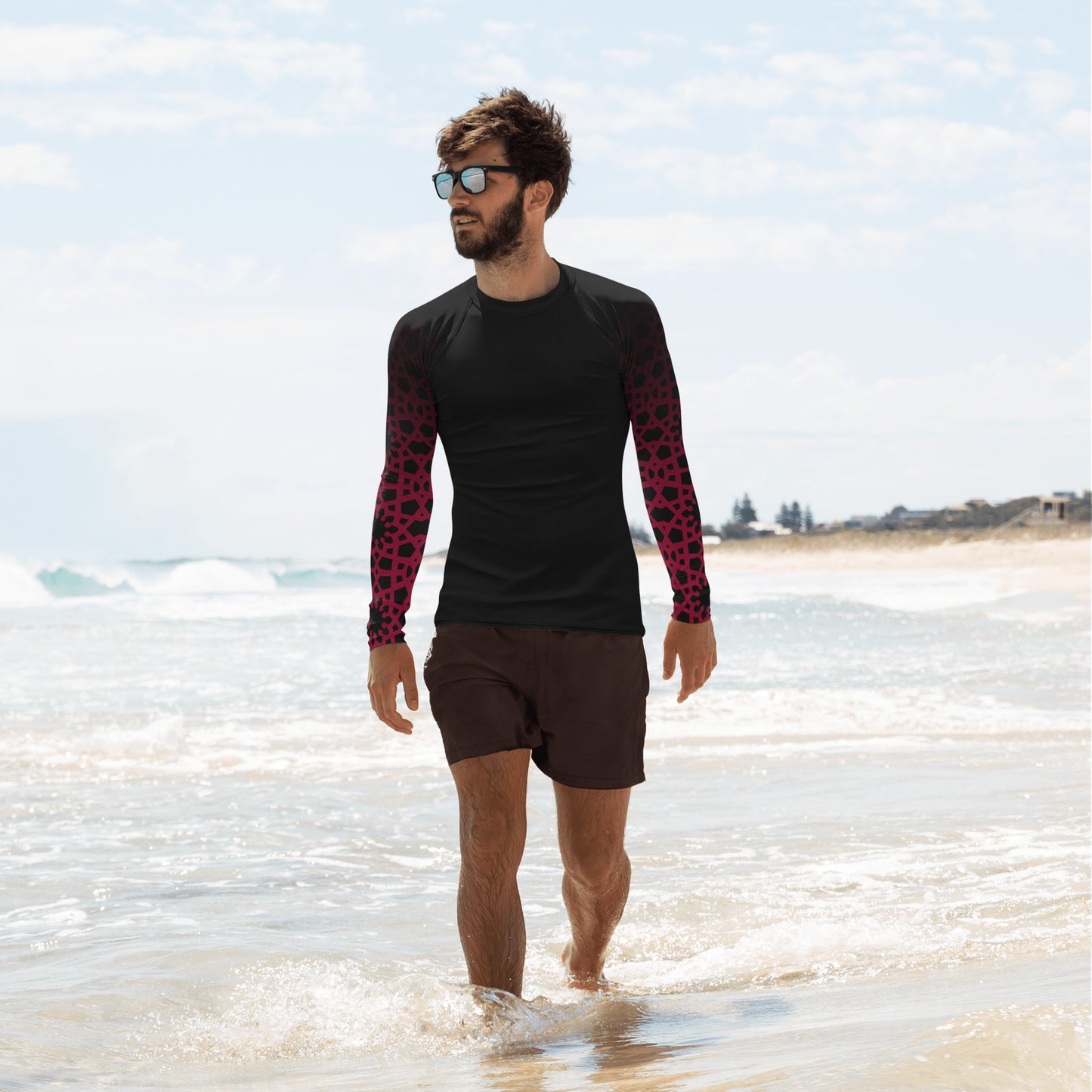 Men's Rash Guard - Geometric Ombre in Black and Red Sleeve