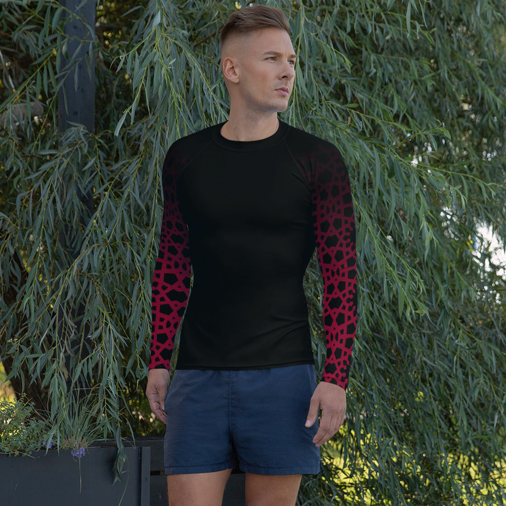 Men's Rash Guard - Geometric Ombre in Black and Red Sleeve