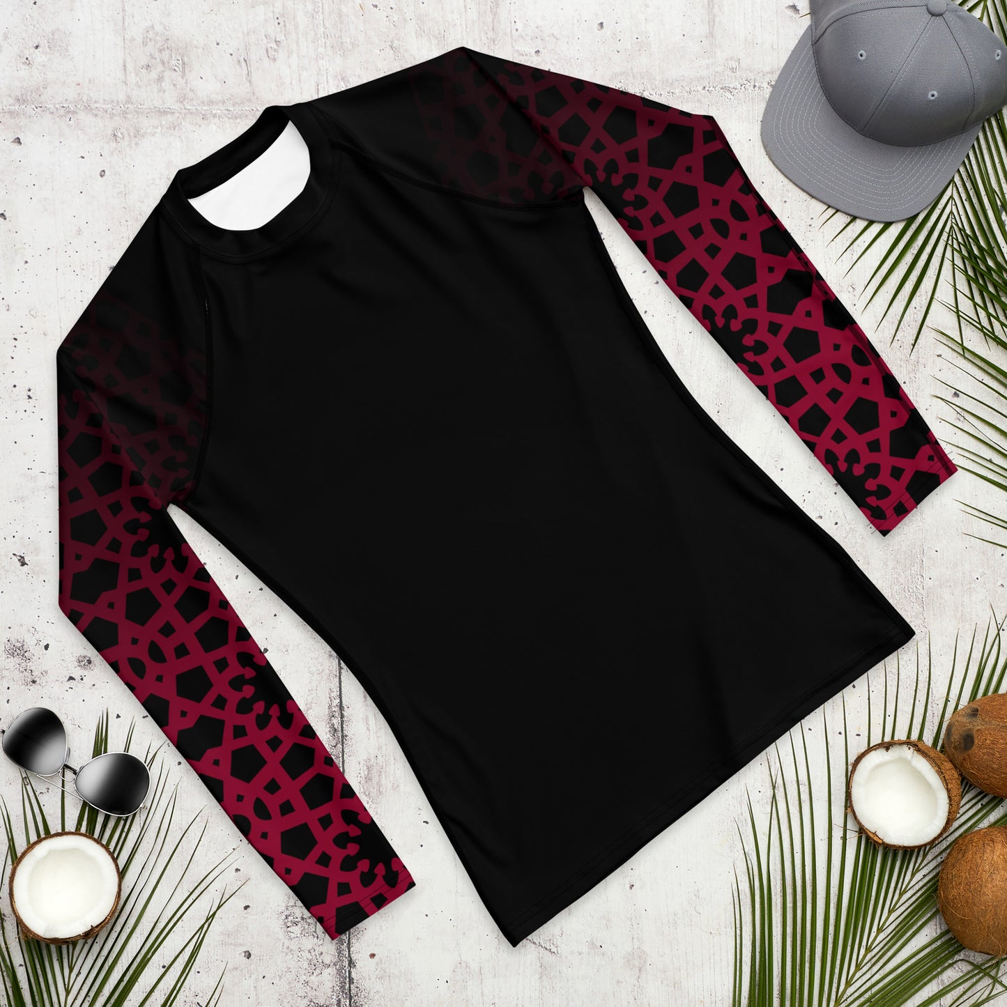 Men's Rash Guard - Geometric Ombre in Black and Red Sleeve