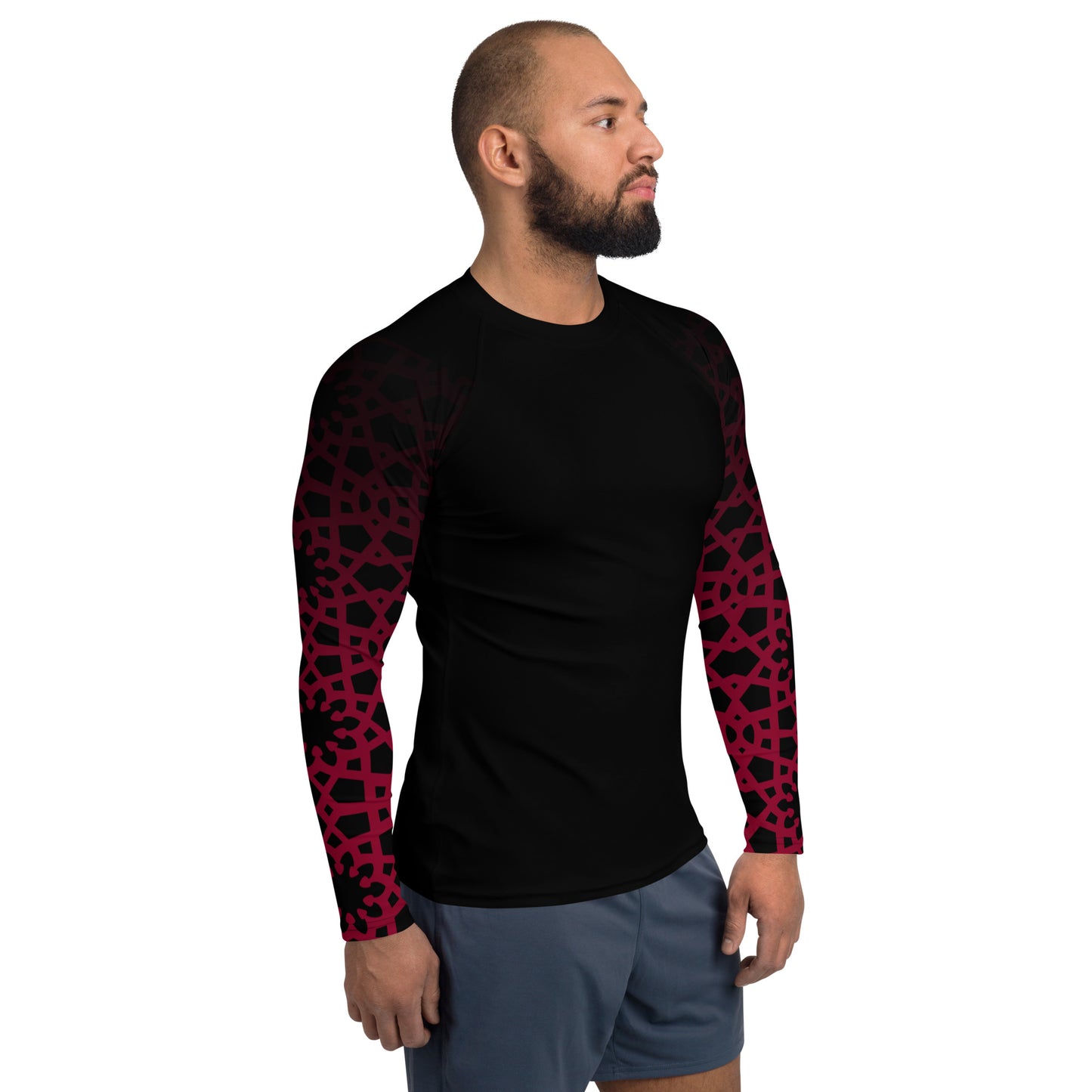 Men's Rash Guard - Geometric Ombre in Black and Red Sleeve
