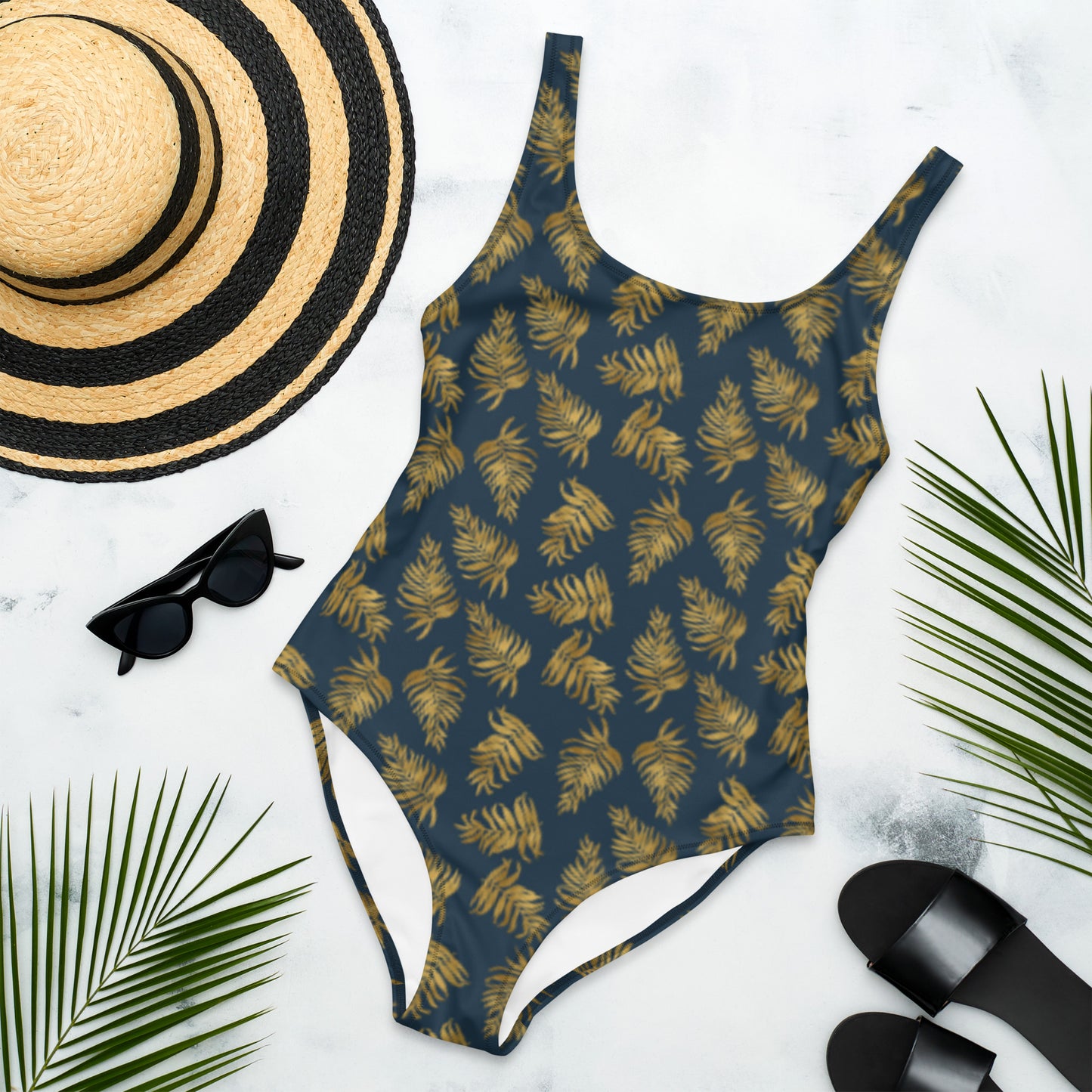 One-Piece Swimsuit - Palm Leaves - Gold and Blue
