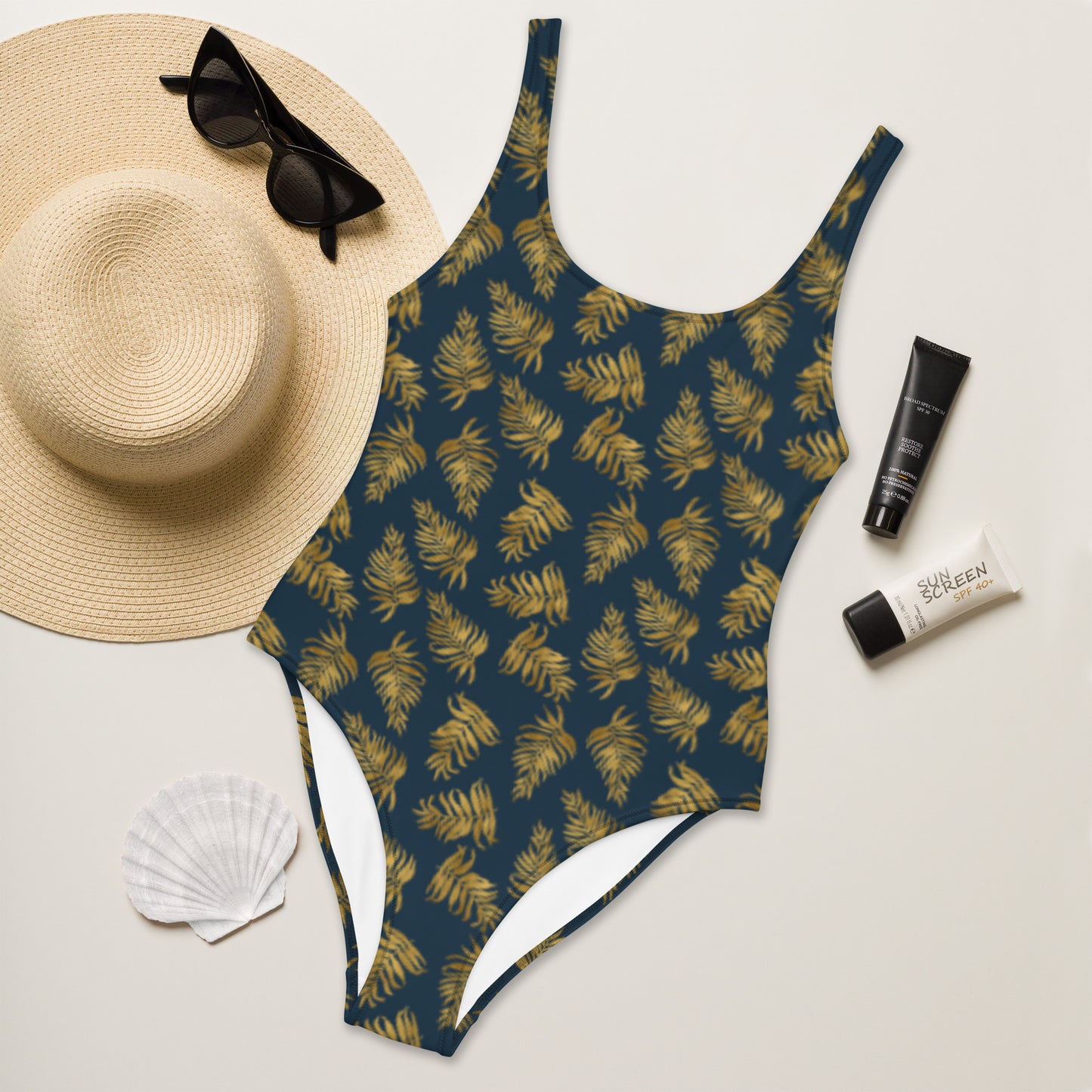 One-Piece Swimsuit - Palm Leaves - Gold and Blue