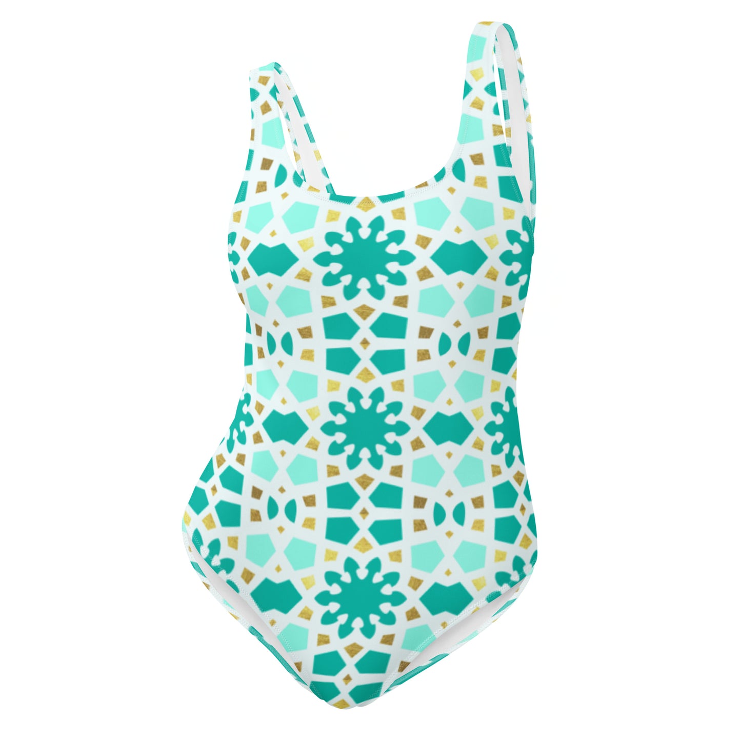 One-Piece Swimsuit - Geometric Arabesque Pattern in Mint and Gold