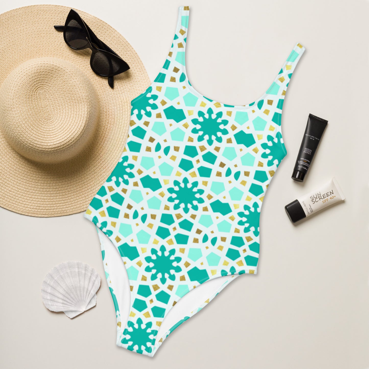 One-Piece Swimsuit - Geometric Arabesque Pattern in Mint and Gold