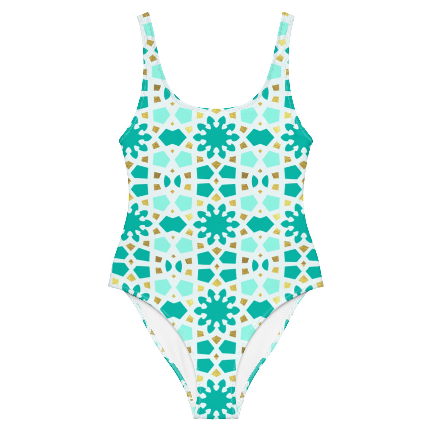 One-Piece Swimsuit - Geometric Arabesque Pattern in Mint and Gold