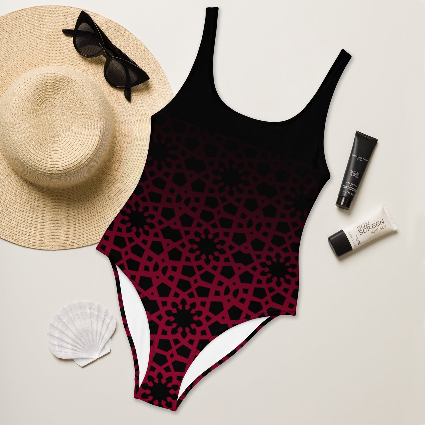 One-Piece Swimsuit - Geometric Ombre in Black and Red