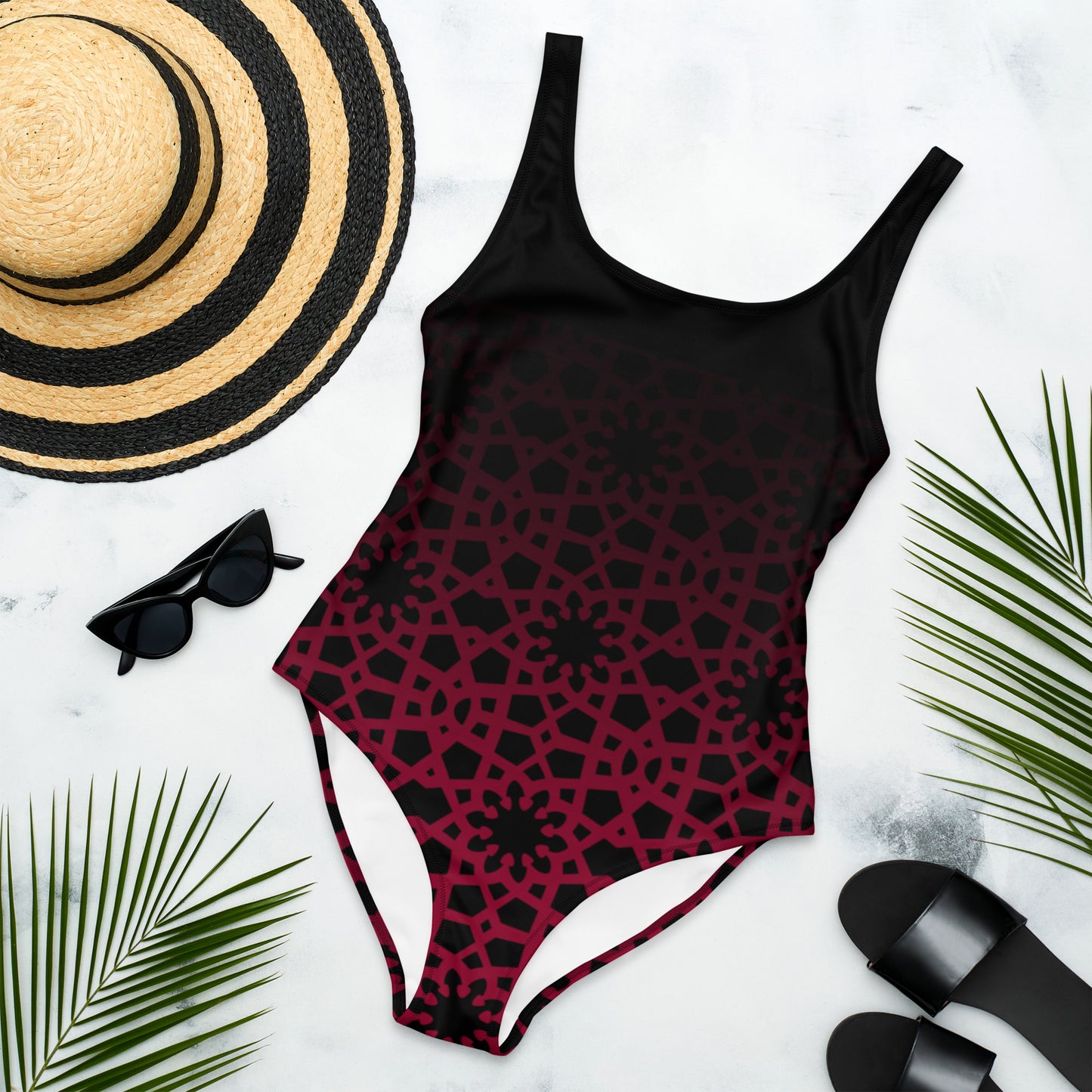 One-Piece Swimsuit - Geometric Ombre in Black and Red