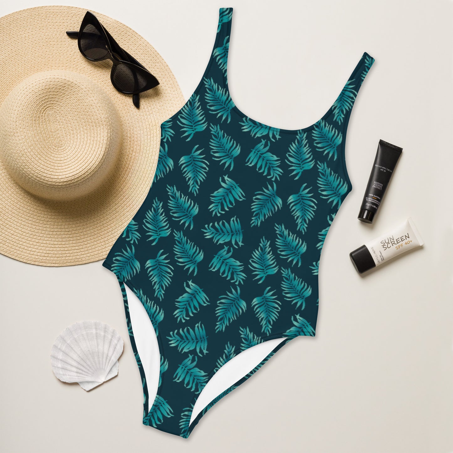 One-Piece Swimsuit - Palm Leaves in Blue Ombre