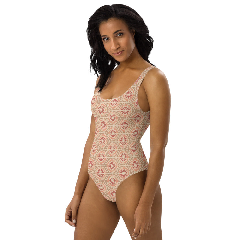 One-Piece Swimsuit - Geometric Star 2 - Cocoa and Cream