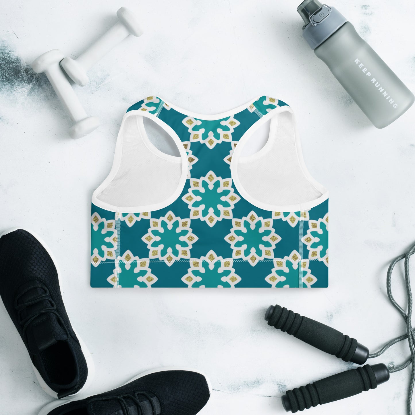 Padded Sports Bra - Arabesque flowers in Aqua and Gold