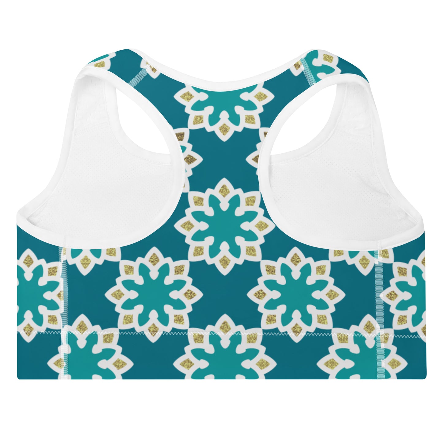 Padded Sports Bra - Arabesque flowers in Aqua and Gold