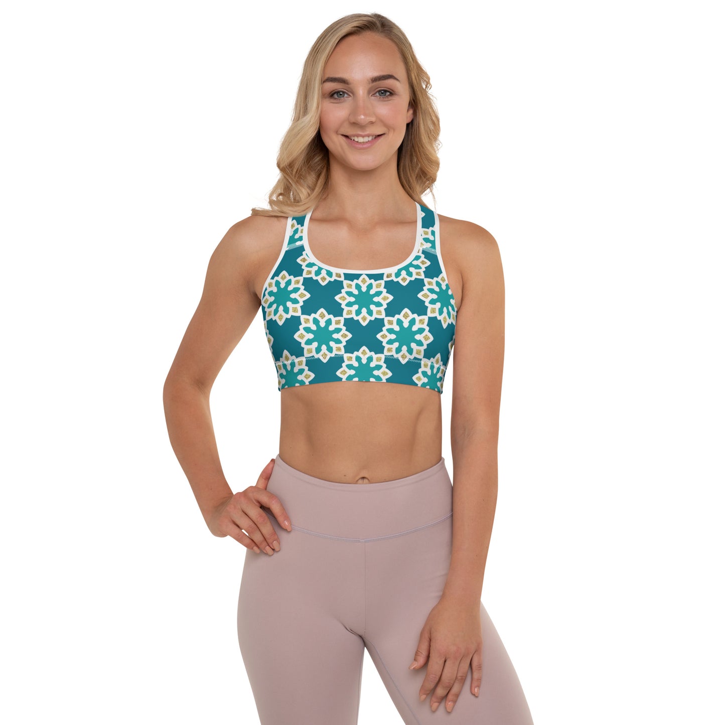 Padded Sports Bra - Arabesque flowers in Aqua and Gold
