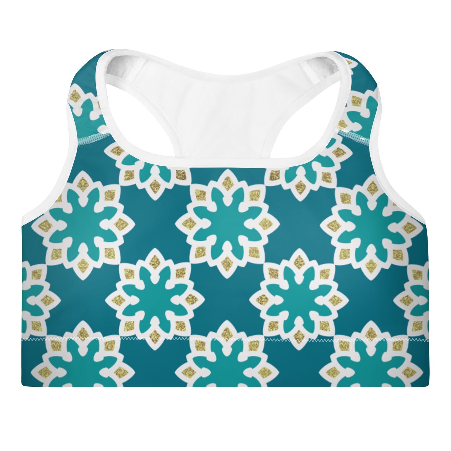 Padded Sports Bra - Arabesque flowers in Aqua and Gold
