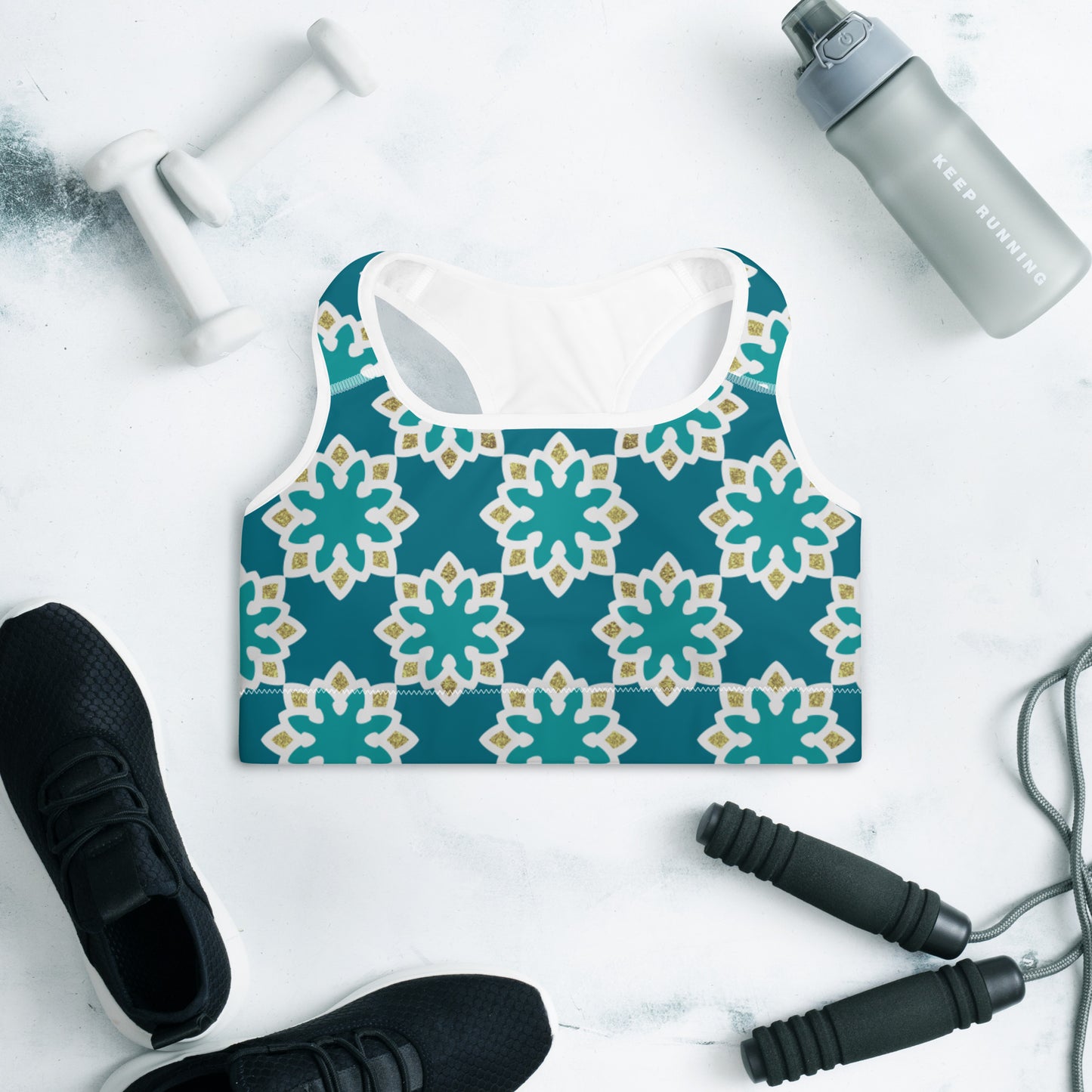 Padded Sports Bra - Arabesque flowers in Aqua and Gold