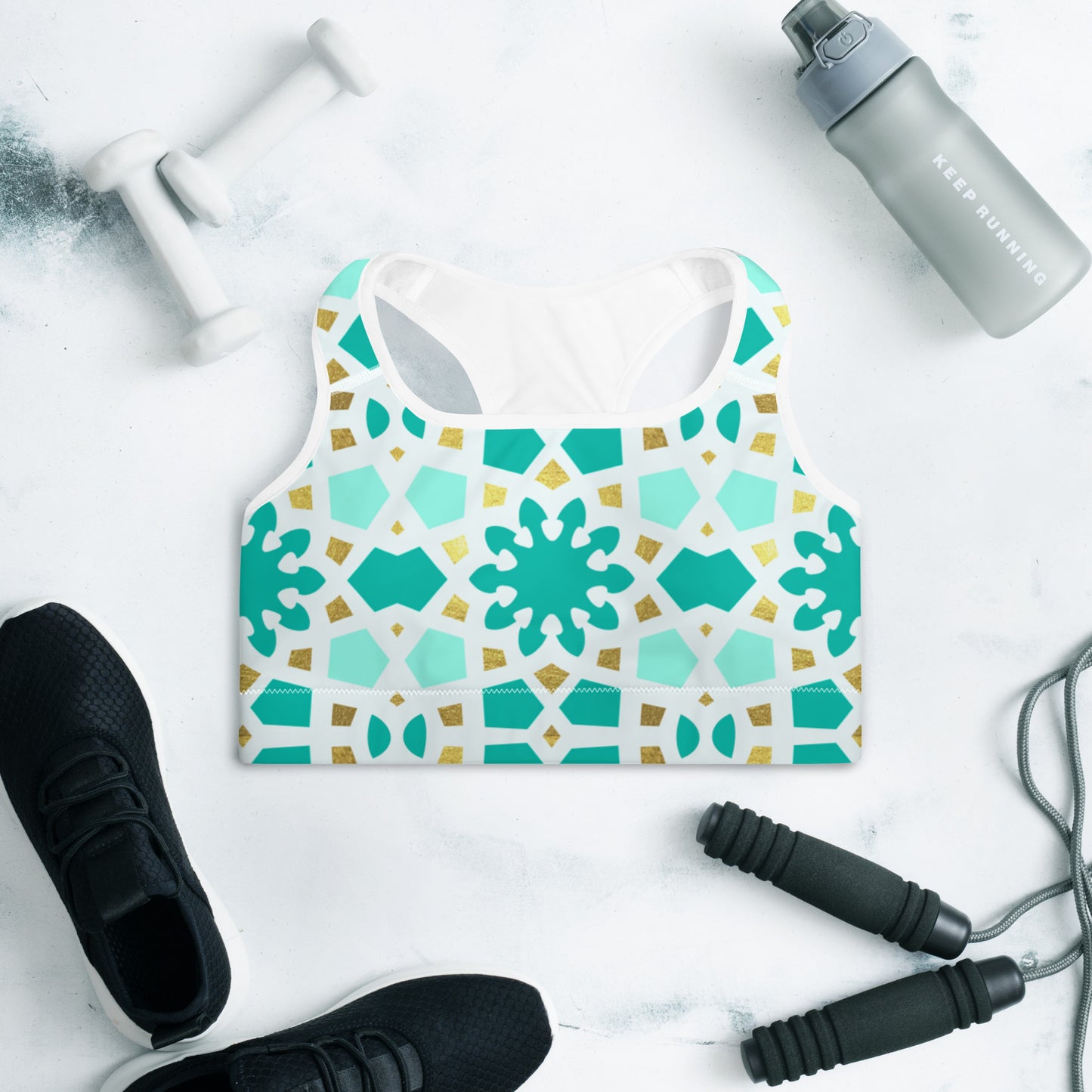 Padded Sports Bra - Geometric Arabesque Pattern in Mint and Gold