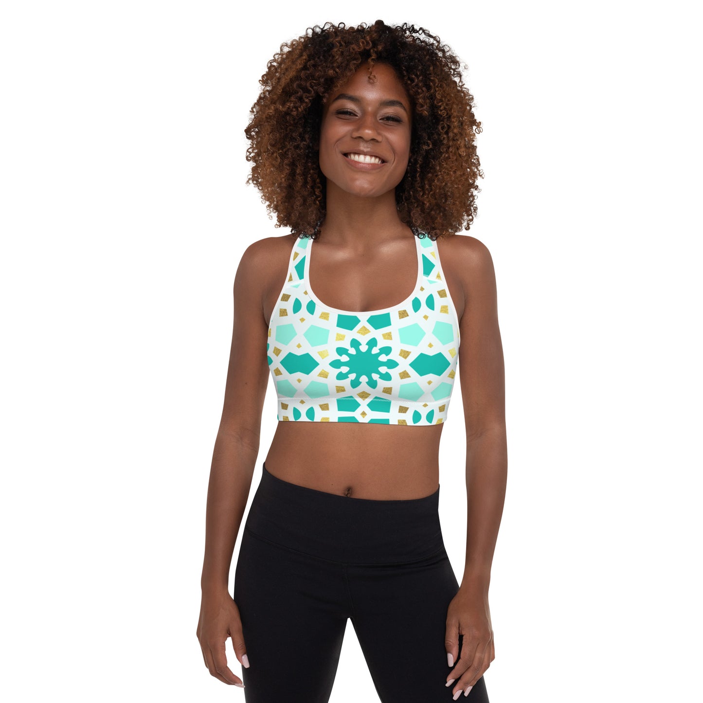 Padded Sports Bra - Geometric Arabesque Pattern in Mint and Gold