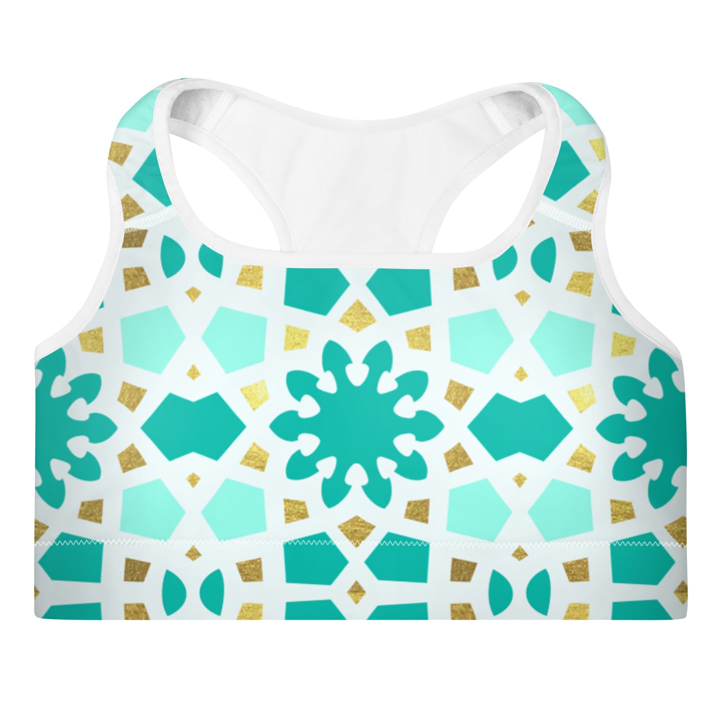 Padded Sports Bra - Geometric Arabesque Pattern in Mint and Gold