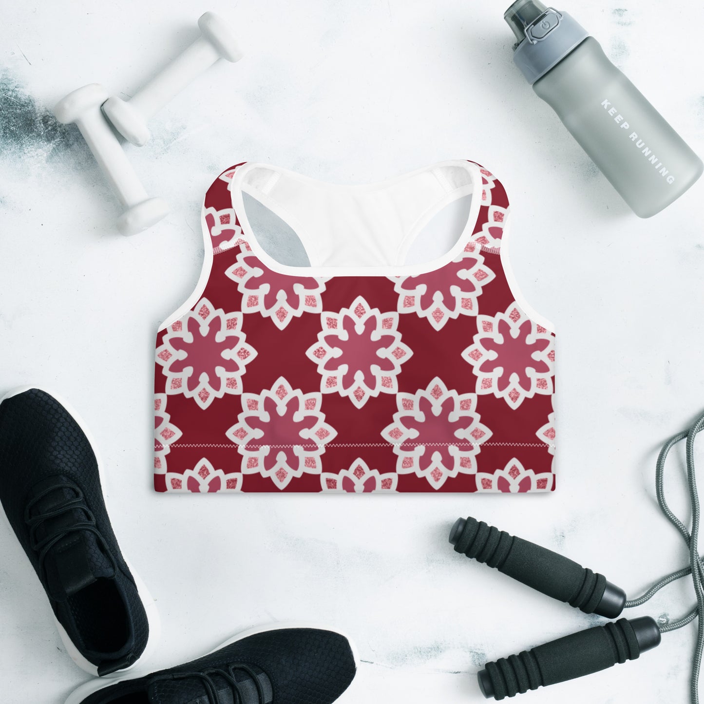 Padded Sports Bra - Arabesque flower in Rouge