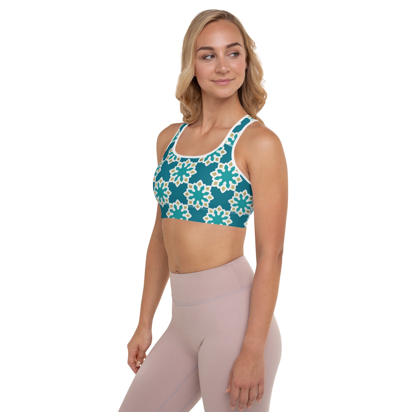 Padded Sports Bra - Arabesque flowers in Aqua and Gold