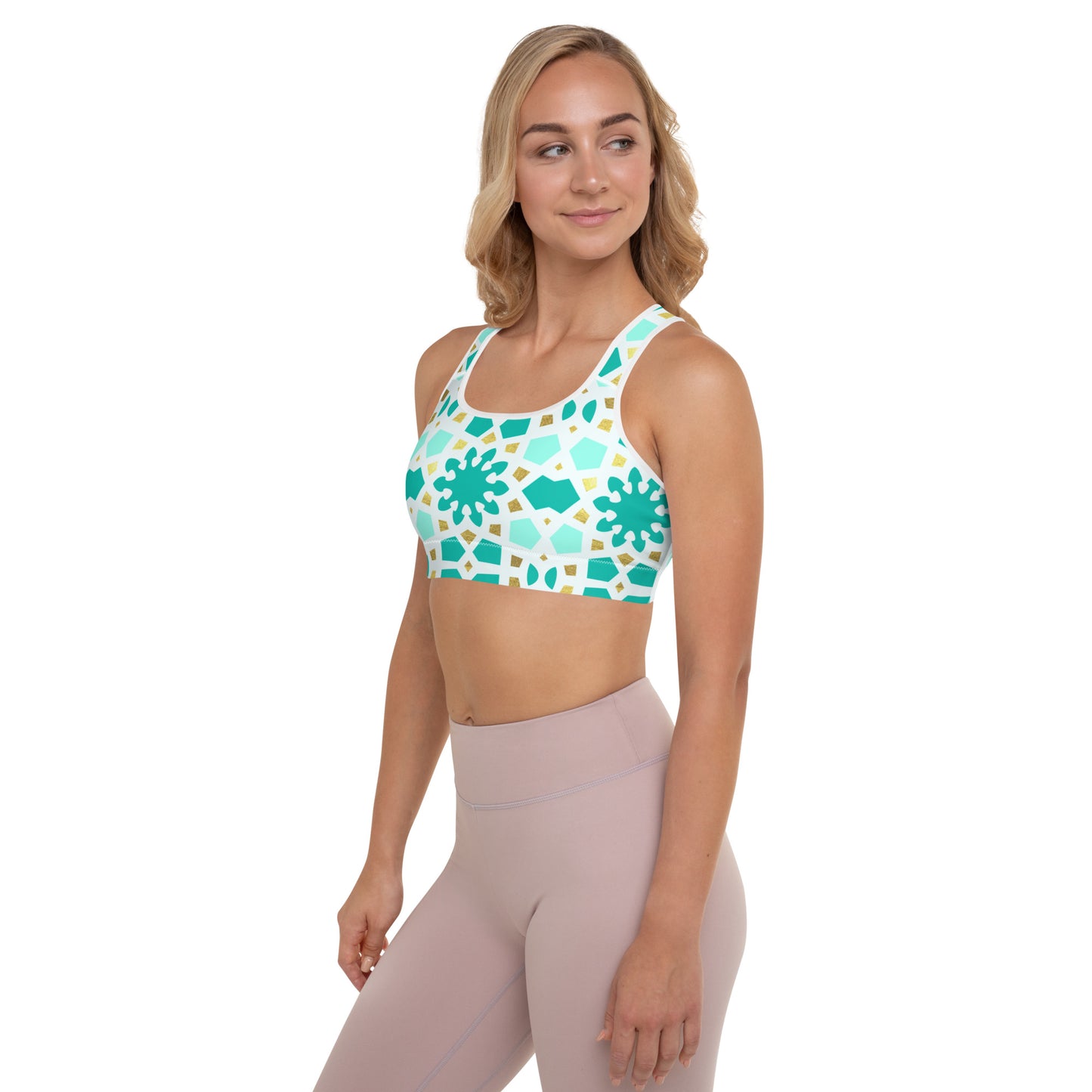 Padded Sports Bra - Geometric Arabesque Pattern in Mint and Gold
