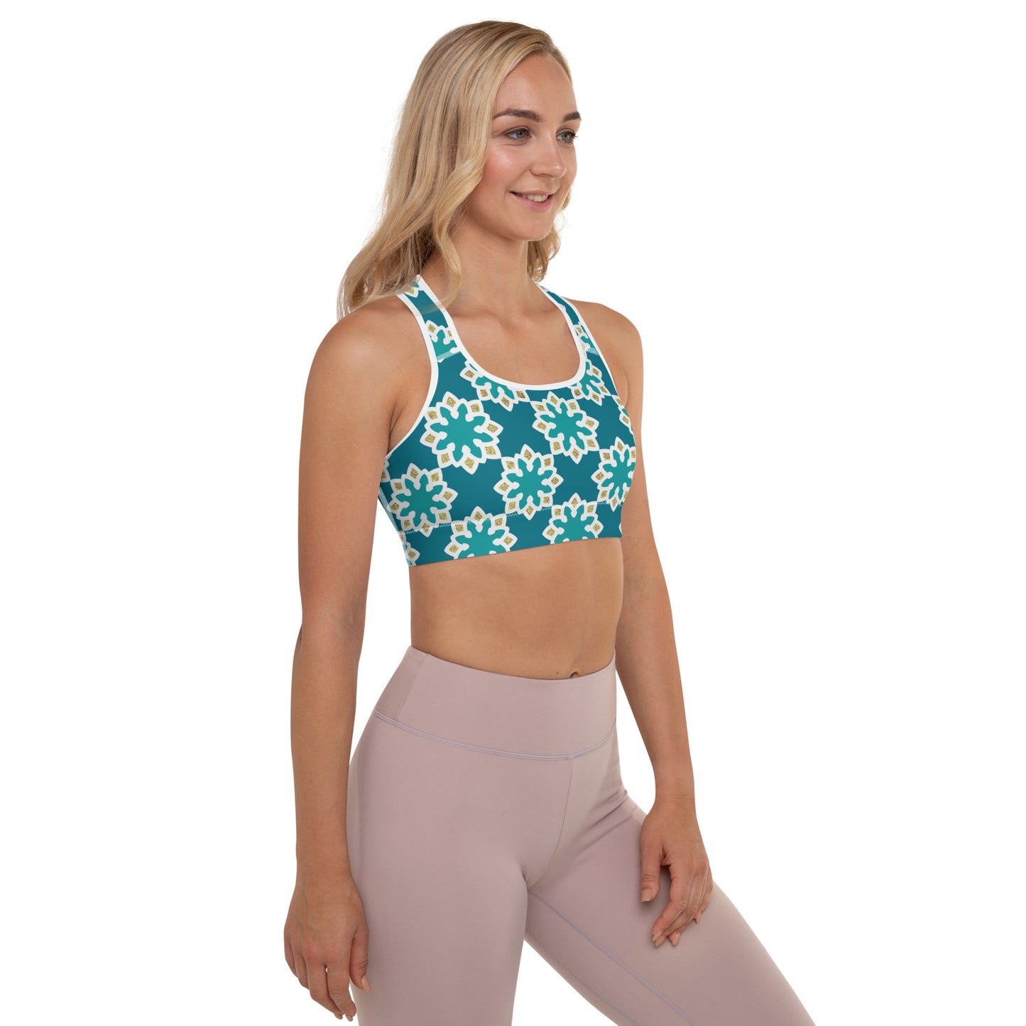 Padded Sports Bra - Arabesque flowers in Aqua and Gold