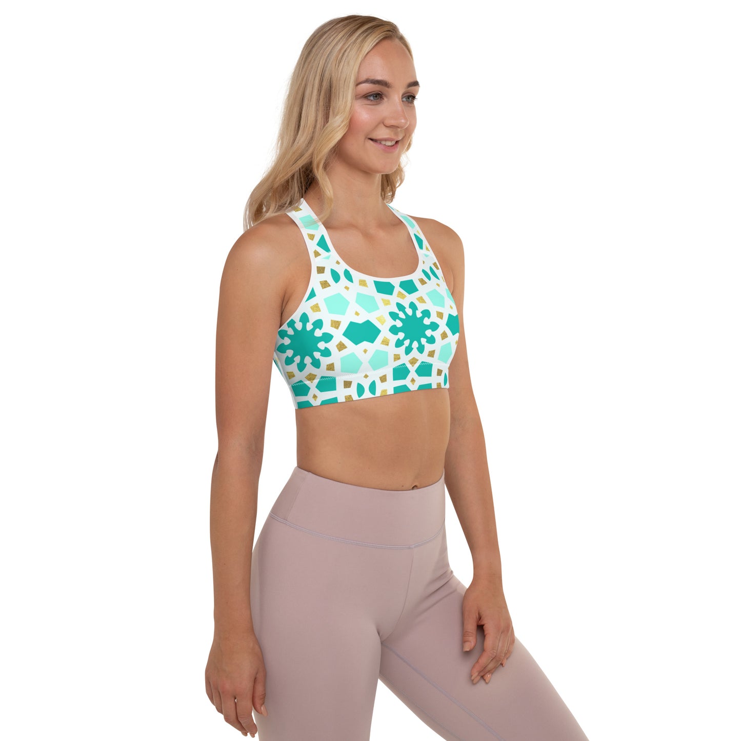 Padded Sports Bra - Geometric Arabesque Pattern in Mint and Gold