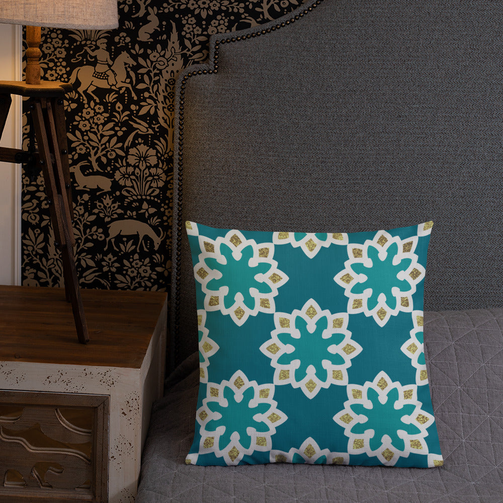 Premium Pillow - Arabesque Flowers in Aqua and Gold