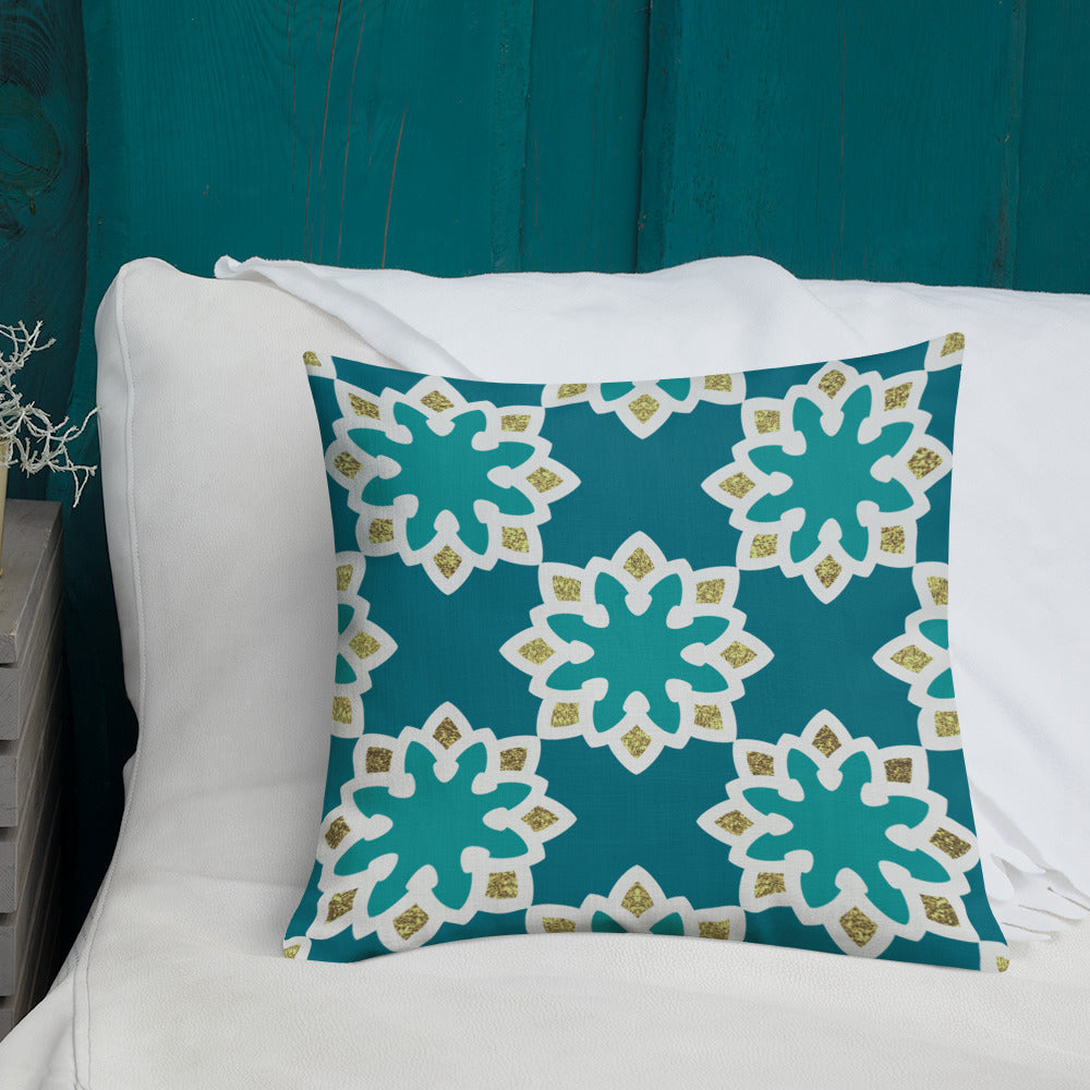 Premium Pillow - Arabesque Flowers in Aqua and Gold