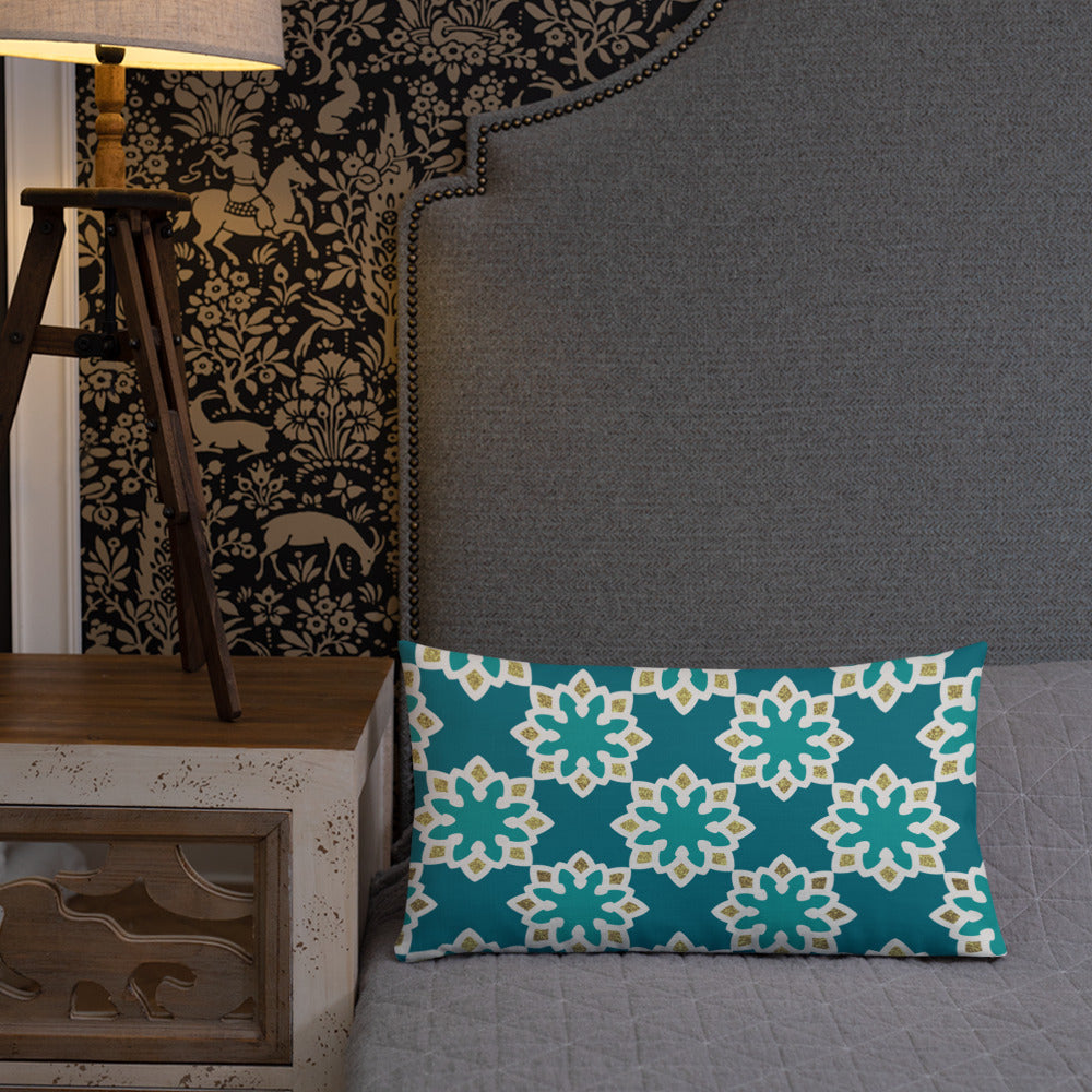 Premium Pillow - Arabesque Flowers in Aqua and Gold