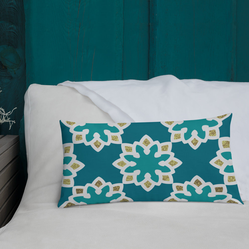Premium Pillow - Arabesque Flowers in Aqua and Gold