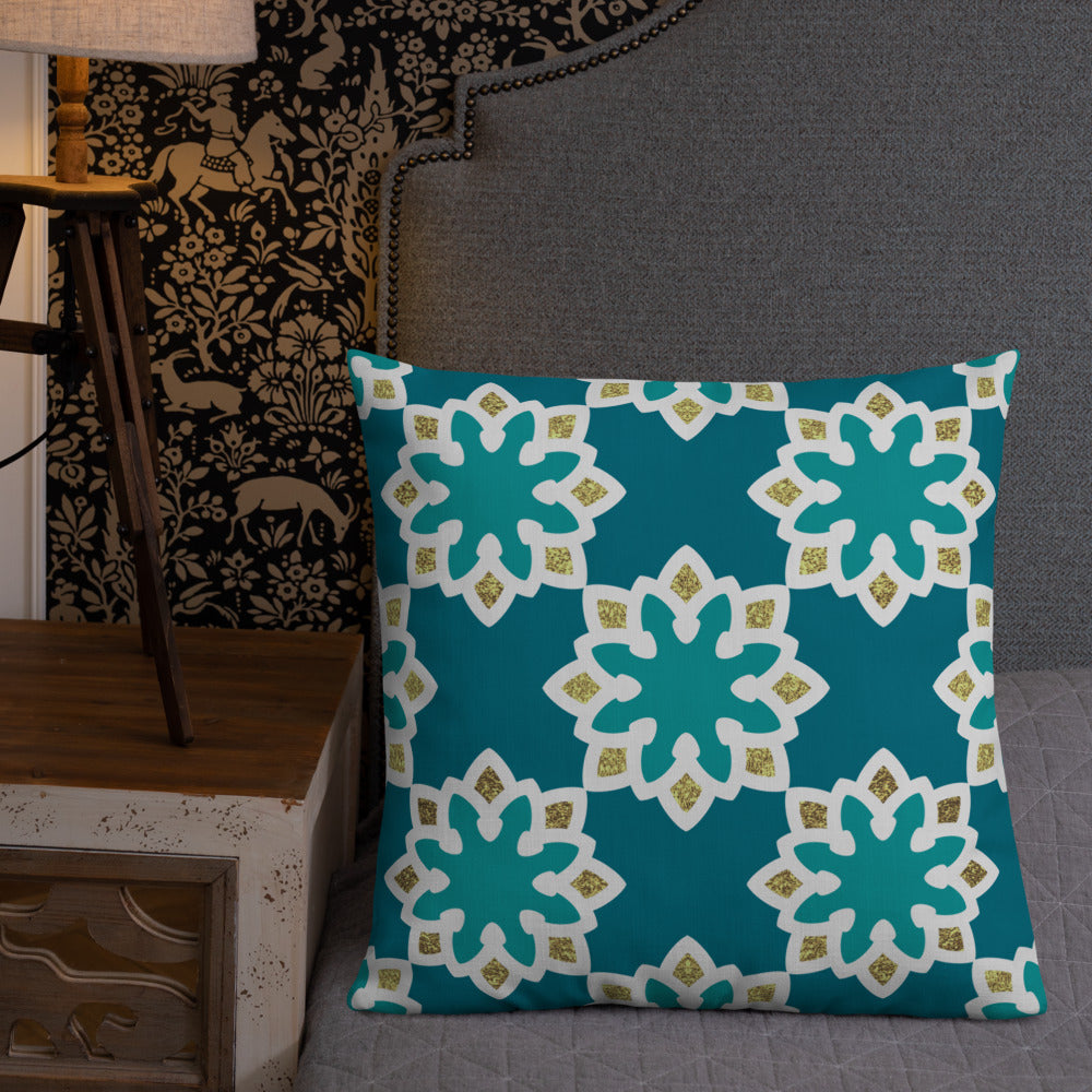 Premium Pillow - Arabesque Flowers in Aqua and Gold