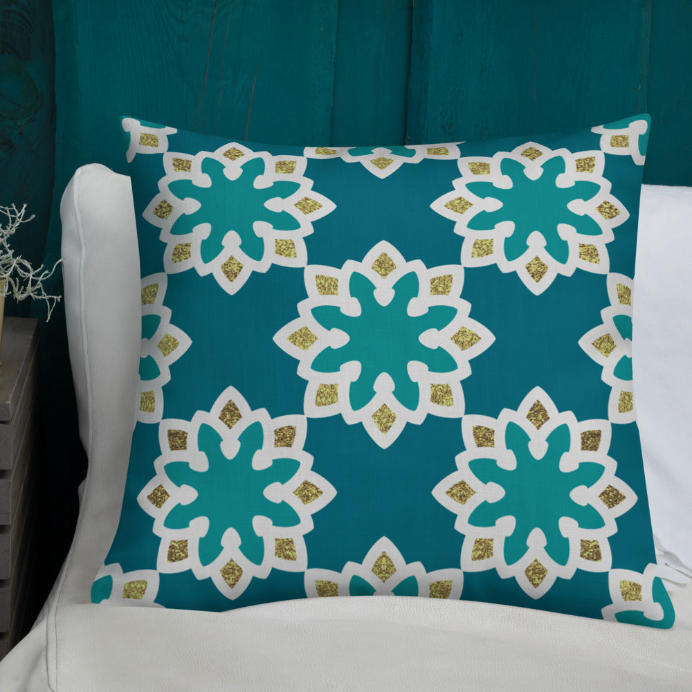 Premium Pillow - Arabesque Flowers in Aqua and Gold