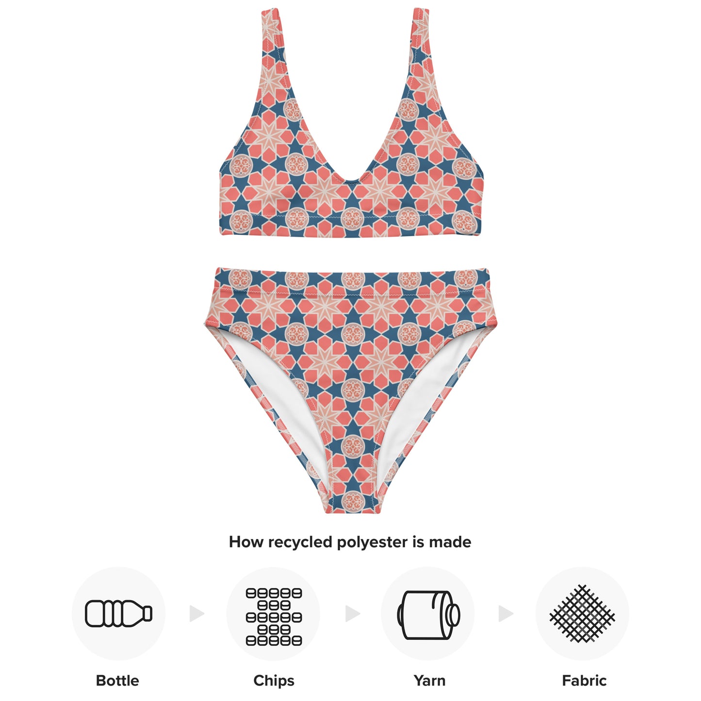 Recycled rPET high-waisted bikini  🍃 Geometric Arabesque Mashup - Pink