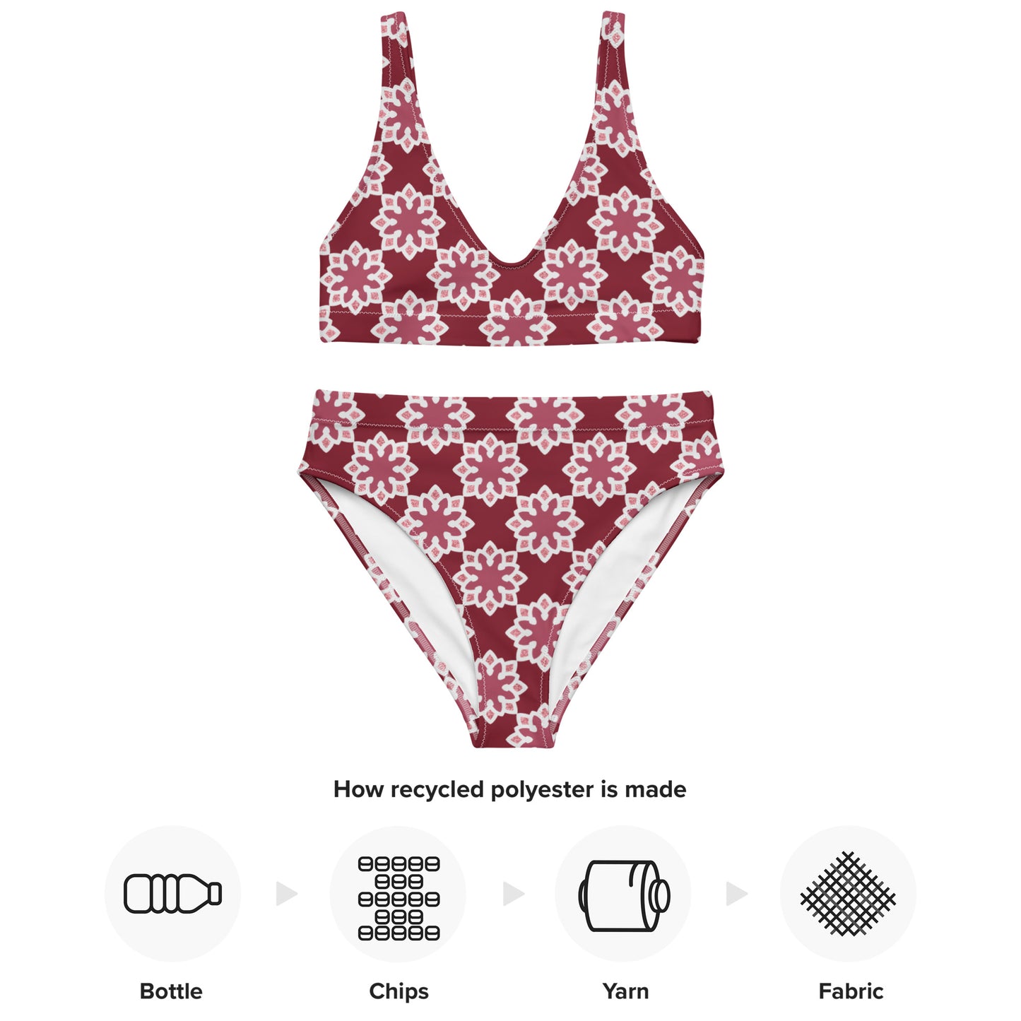 Recycled rPET high-waisted bikini - Arabesque Flower in Rouge 🍃