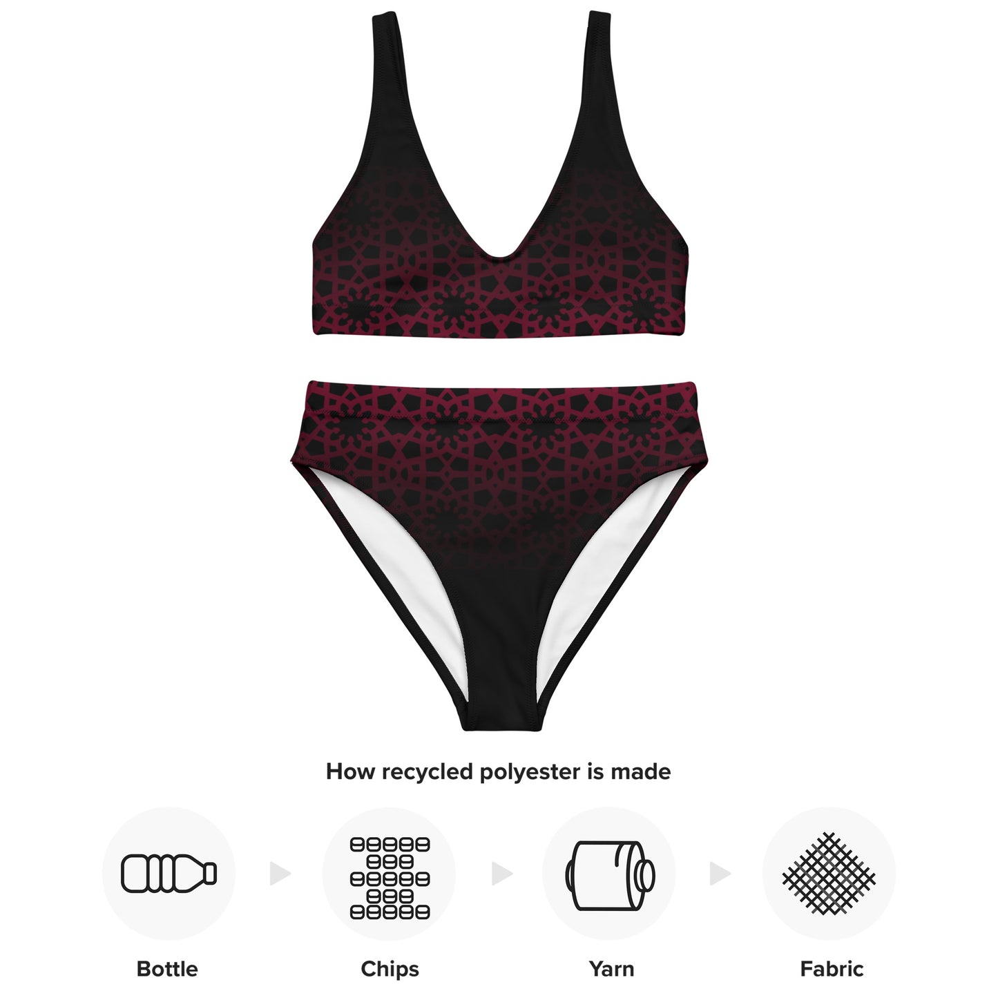 Recycled rPET high-waisted bikini - Geometric Ombre in Black and Red 🍃