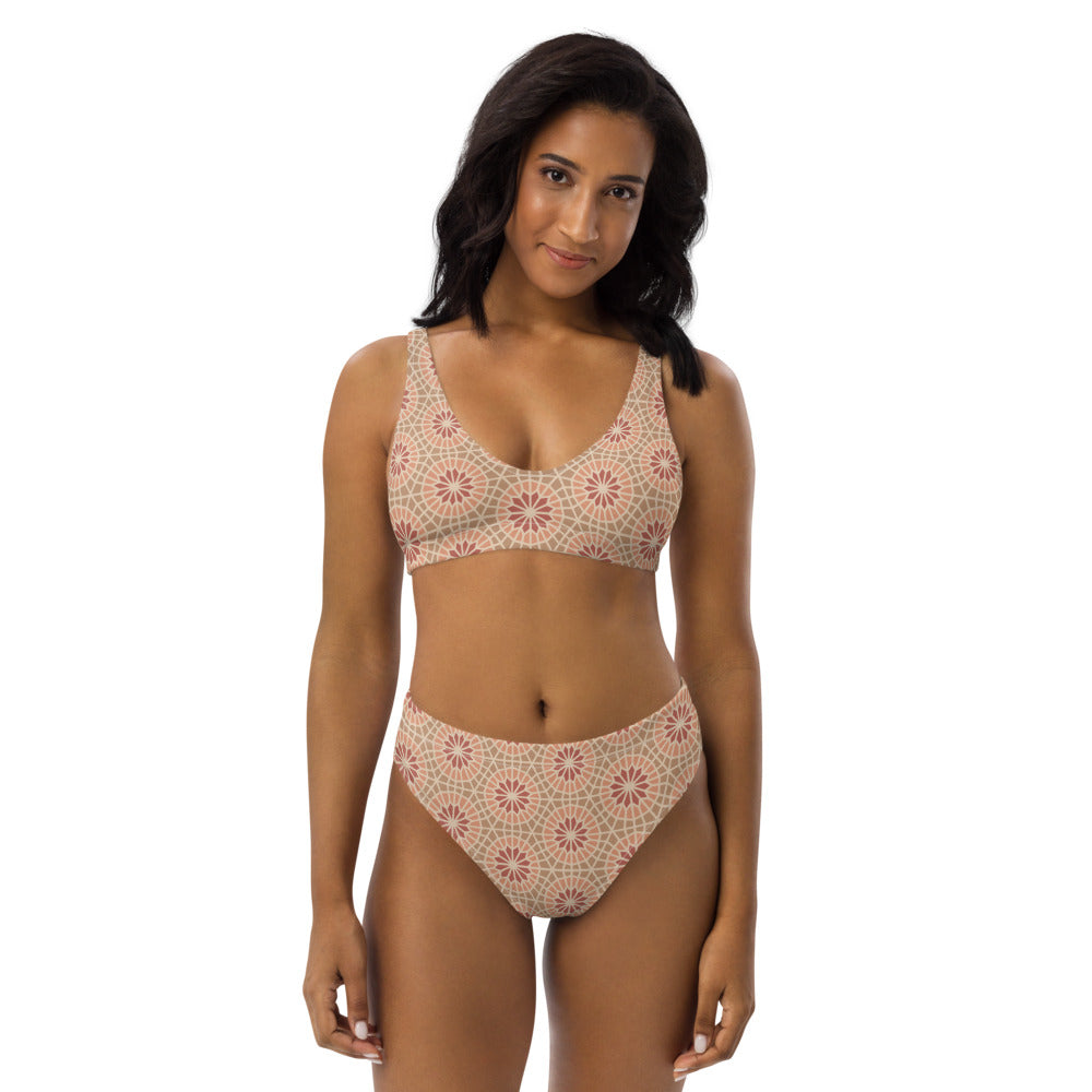 Recycled rPET high-waisted bikini  🍃 - Geometric Star 2 - Cocoa and Cream