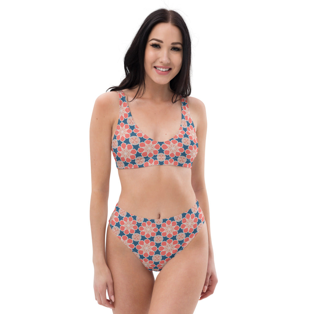 Recycled rPET high-waisted bikini  🍃 Geometric Arabesque Mashup - Pink