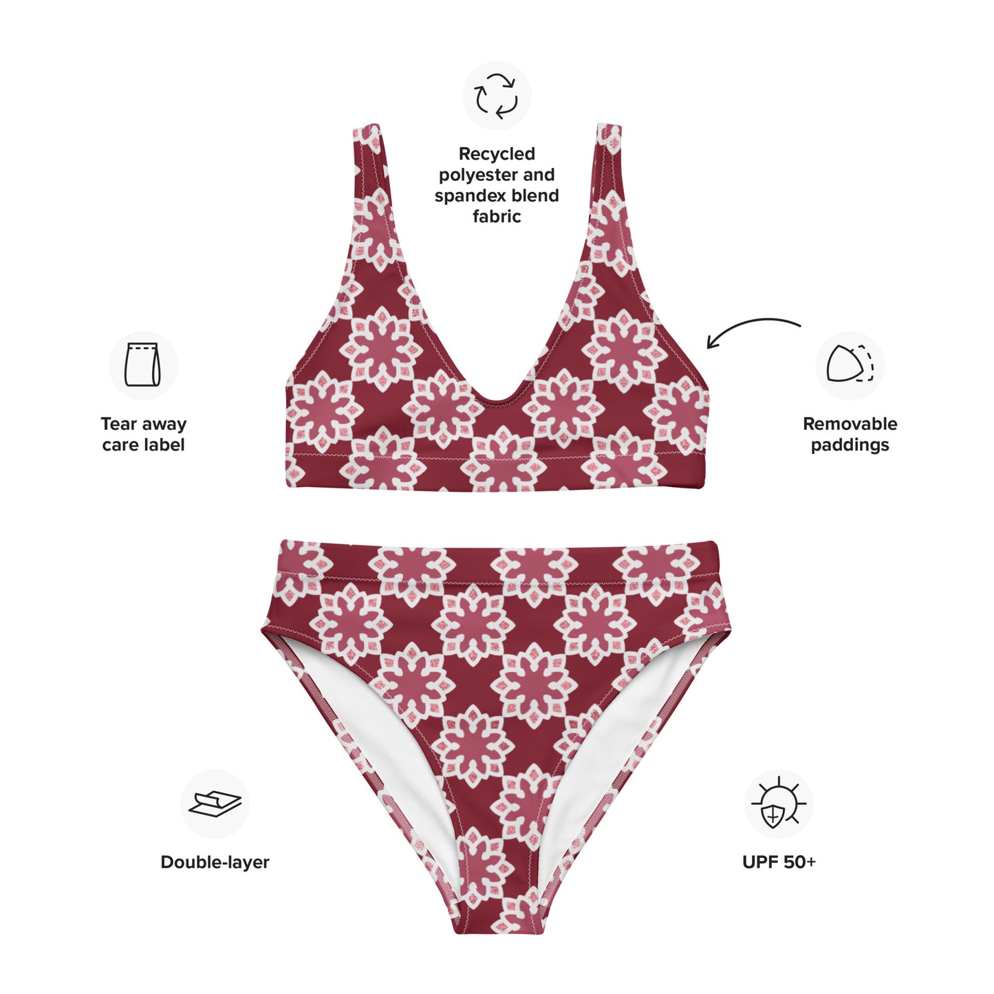 Recycled rPET high-waisted bikini - Arabesque Flower in Rouge 🍃