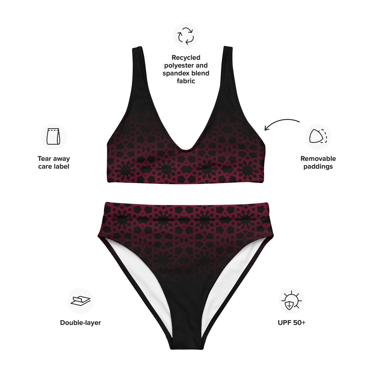 Recycled rPET high-waisted bikini - Geometric Ombre in Black and Red 🍃