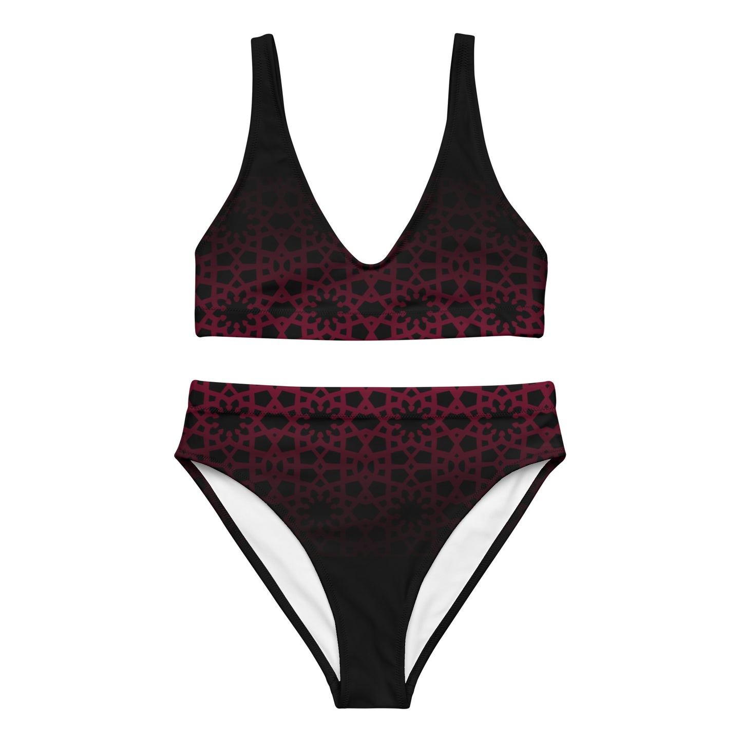 Recycled rPET high-waisted bikini - Geometric Ombre in Black and Red 🍃