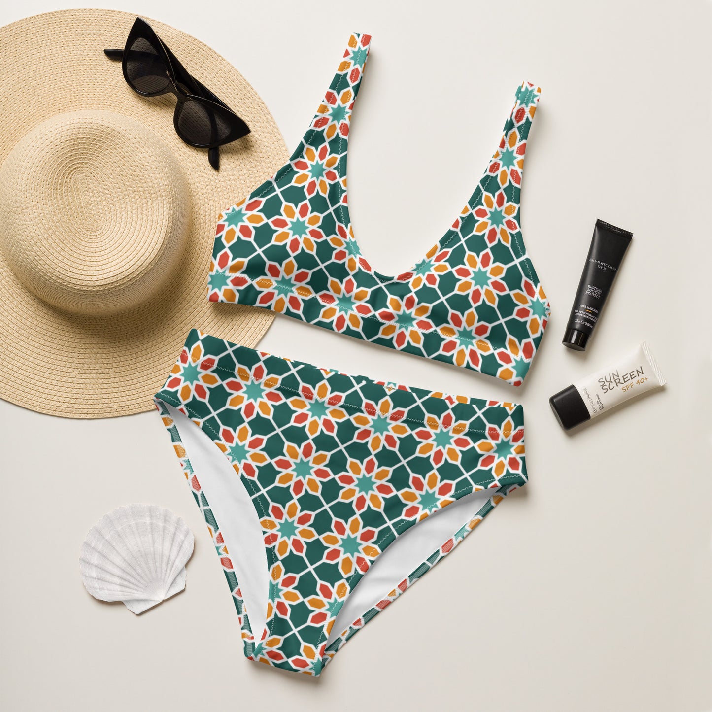 Recycled rPET high-waisted bikini - Geometric Desert Daisy 🍃