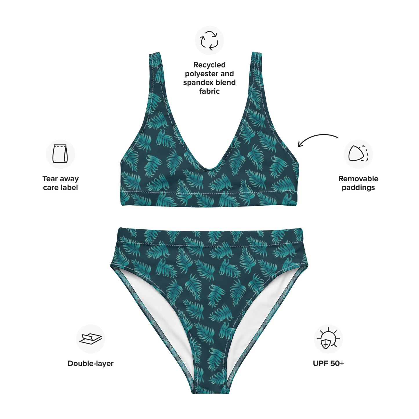 Recycled rPET high-waisted bikini - Palm Leaves in Blue Ombre 🍃