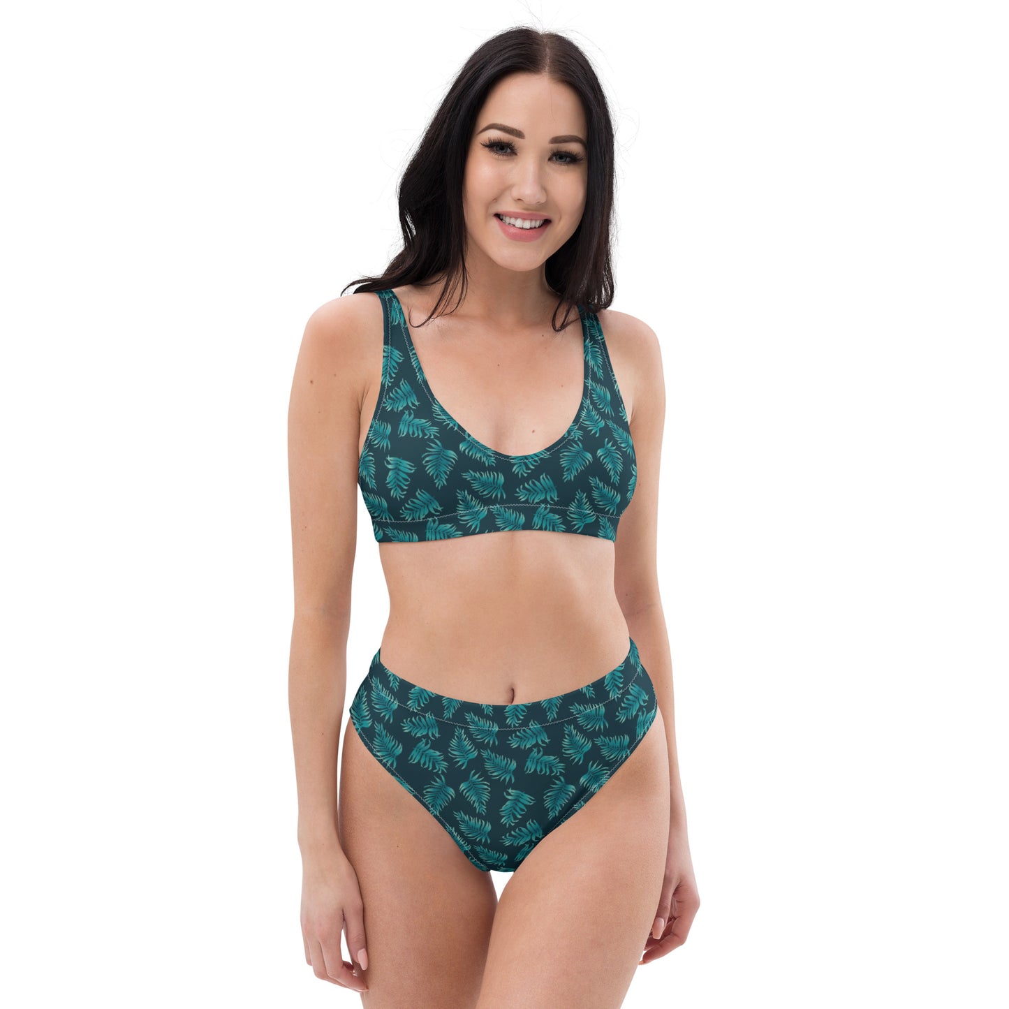Recycled rPET high-waisted bikini - Palm Leaves in Blue Ombre 🍃