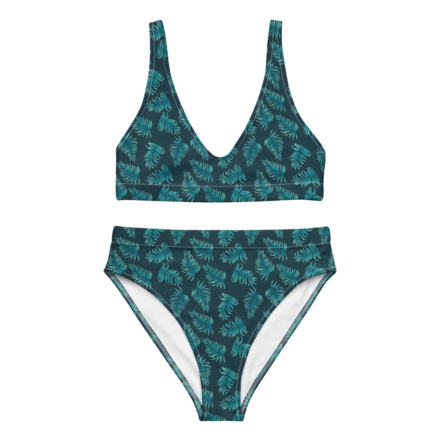 Recycled rPET high-waisted bikini - Palm Leaves in Blue Ombre 🍃
