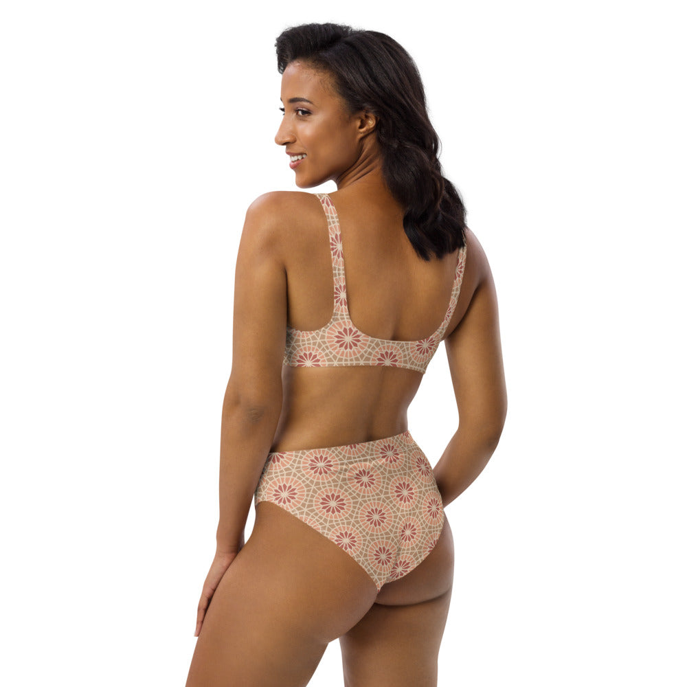 Recycled rPET high-waisted bikini  🍃 - Geometric Star 2 - Cocoa and Cream