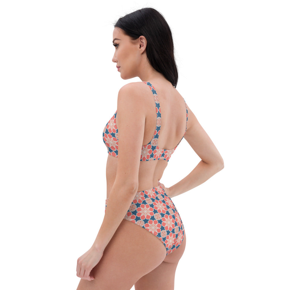 Recycled rPET high-waisted bikini  🍃 Geometric Arabesque Mashup - Pink