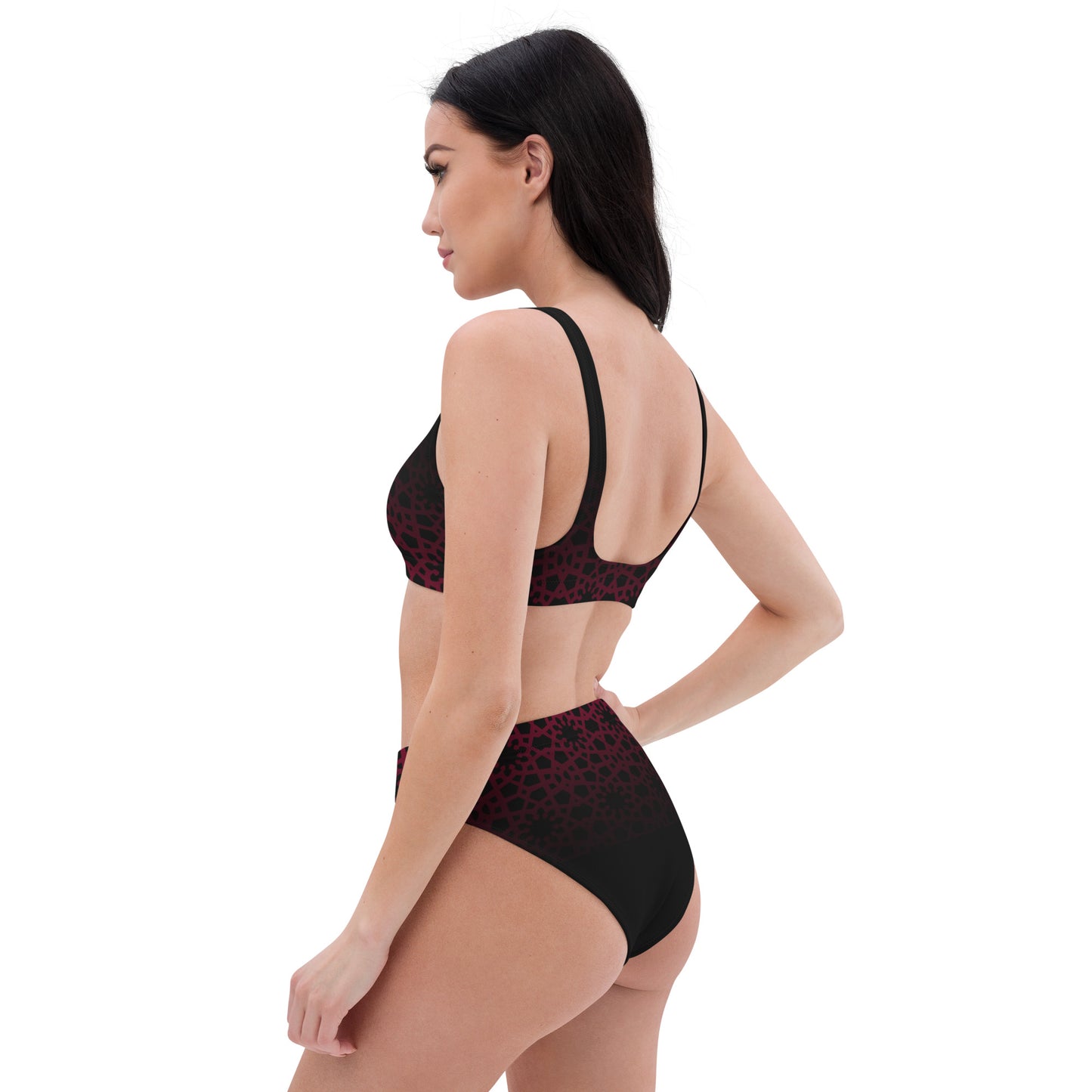 Recycled rPET high-waisted bikini - Geometric Ombre in Black and Red 🍃