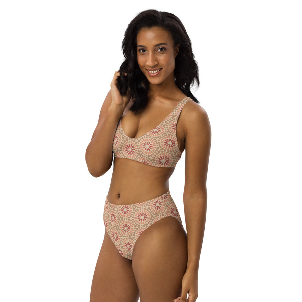 Recycled rPET high-waisted bikini  🍃 - Geometric Star 2 - Cocoa and Cream