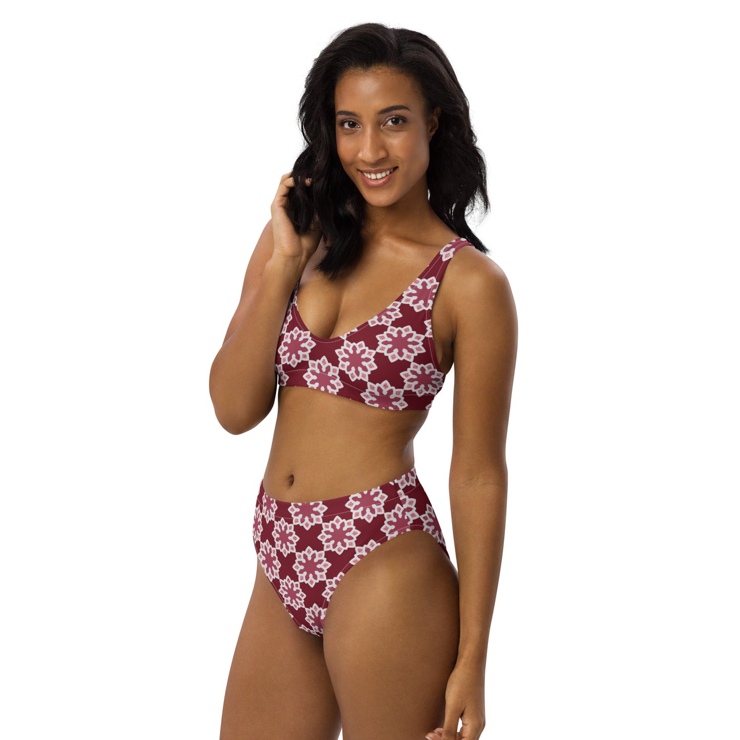Recycled rPET high-waisted bikini - Arabesque Flower in Rouge 🍃